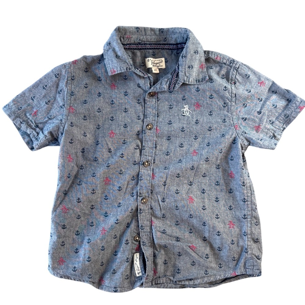 Original Penguin Boys Navy Blue Anchor Print Short Sleeve Button Down Shirt 6Y